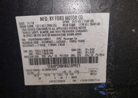 2019 Ford Taurus Sel z USA, uszkodzony, nr VIN 1FAHP2H84KG109971